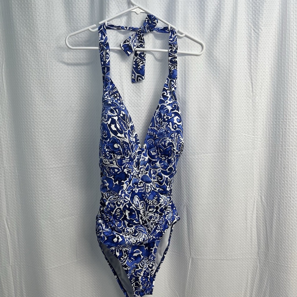 Lauren Ralph Lauren  Floral Halter Blue & White One Piece Swimsuit 14 Classic
